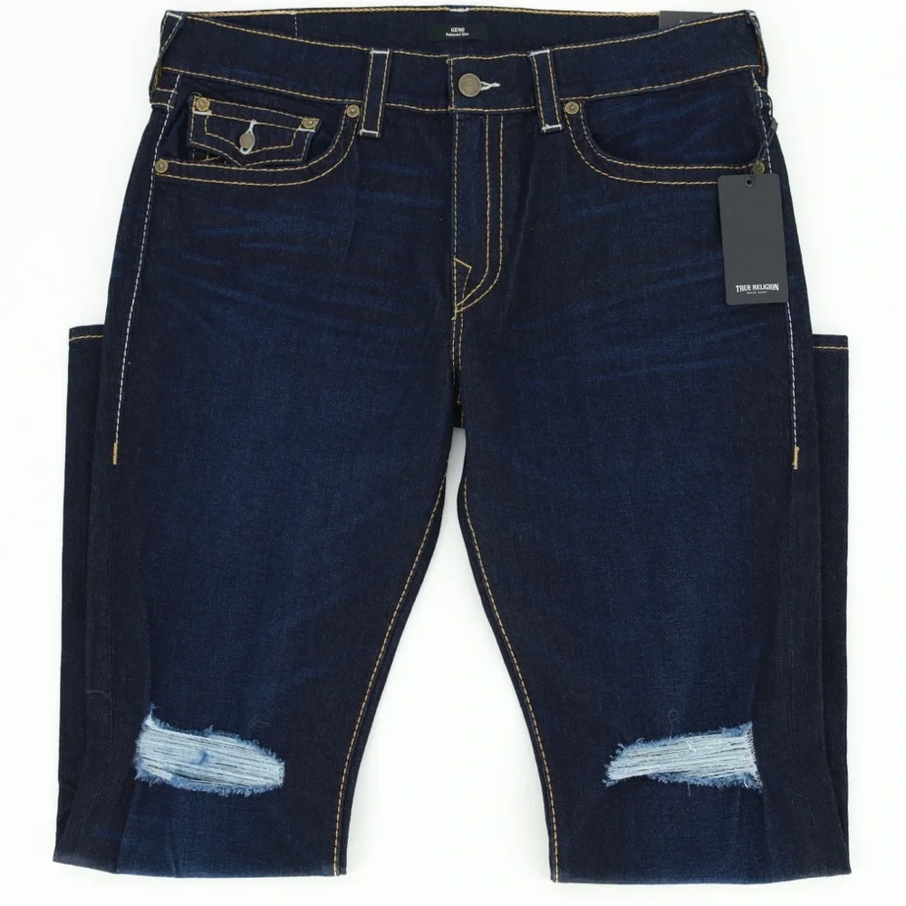 TRUE RELIGION RAZOR DARK RIPS‎ GENO FLAPS RELAXED SLIM JEANS